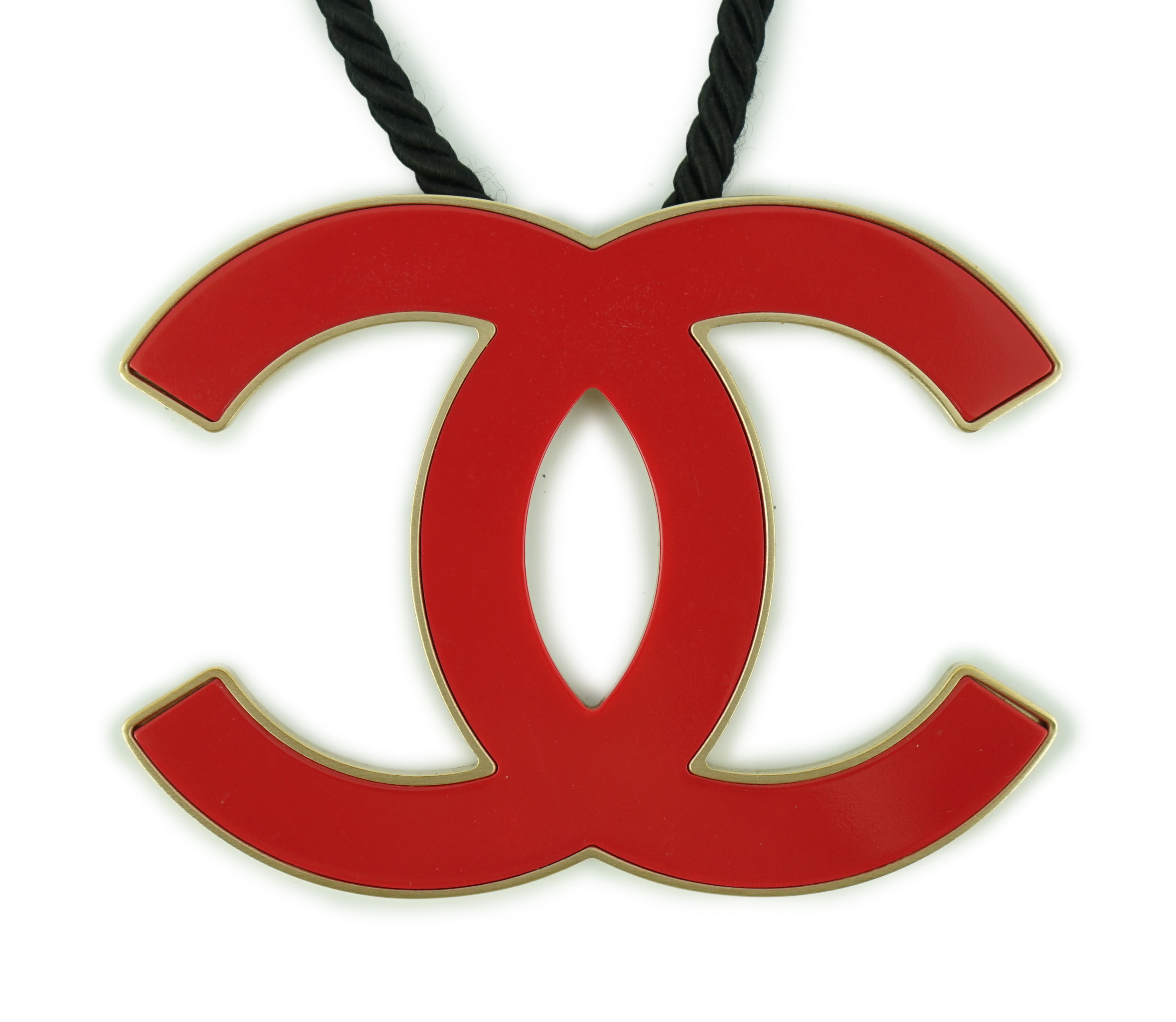 A Chanel CC red metal enamel and gold hardware fabric large choker evening necklace, cord length 39.5cm, charm width 10.75cm, height 8.25cm